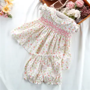 2 pcs 9-36 month infant toddler baby clothes sets for girls smocked dress floral embroidery children clothes wholesale B14755