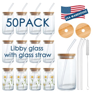 USA kho 480ml 16oz rõ ràng UV Vinyl tùy chỉnh ICE COFFEE Glass có thể cup với nắp tre và kính cong rơm - Product Image 1