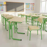 Muebles Escolares de Diseño Moderno, Conjunto de Silla y Escritorio Individual para Estudiantes con Marco Metálico y Cesta de Almacenamiento para Niños