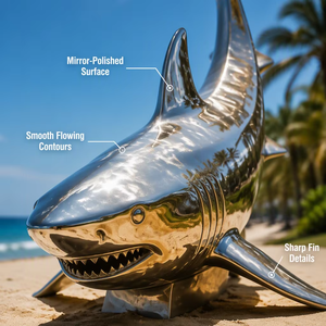 Sculpture de requin en acier inoxydable YOUFINE, poli miroir, art animal marin moderne pour la décoration de stations balnéaires et de régions côtières - Product Image 2