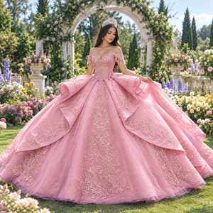 Xy001 Pink <b>Quinceanera</b> Floor-Length Ball Gown Plus Size Appliques Sequined Crystal Lace-Up Back Natural Washable Oem Service - Product Image 1