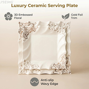Service de vaisselle carré en <span class=keywords><strong>porcelaine</strong></span> blanche, vente en gros, <span class=keywords><strong>assiette</strong></span> en céramique à bord doré avec motif floral 3D en relief pour mariages et banquets d'hôtel - Product Image 3