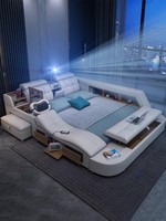 Lit intelligent technologique pour chambre principale, moderne, simple, multifonctionnel, double, king-size, nouveau, avec massage, rangement et projecteur, en tissu