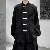 Chemise décontractée pour homme, style Tang traditionnel, à manches longues, col montant, gaufrée, avec boutons grenouille, pour le quotidien