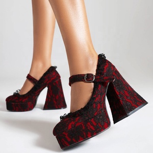 Newly Lace Pumps Thick Platform Chunky High Heels Shoes <b>Square</b> Toe Women Buckle Strap Mary Jane Sandals - Product Image 5