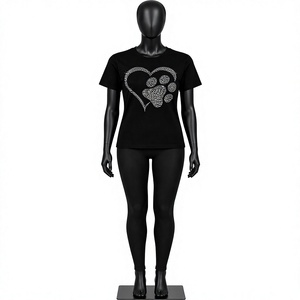 Camiseta de Manga Corta para Mujer, Personalizada con Logotipo Vintage y Corazón de Pedrería, Negra, Suave, Holgada, OEM - Product Image 1