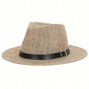 Chapeau Panama d'été en lin pour homme, à large bord, en fibre de bambou, chapeau de soleil de plage, protection solaire, sombrero uni en paille - Product Image 1