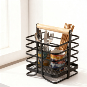Panier de rangement multifonctionnel en métal pour ustensiles de cuisine, panier de drainage pour baguettes, pour comptoir de cuisine - Product Image 5