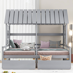 Grey Wooden House-Shaped Double Children's Bed With <b>Storage</b> <b>Drawers</b> Bedroom Furniture For Kids - Product Image 3