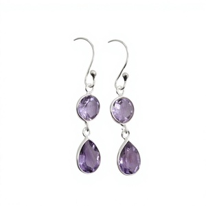 Boucles d'oreilles pendantes en argent sterling 925 pour femmes, avec améthyste et pierres précieuses rondes en forme de poire, bijoux raffinés pour usage quotidien, vente en gros - Product Image 2