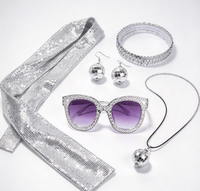 Ensemble de costumes d'Halloween vintage années 70 pour enfants unisexe, accessoires disco : écharpe à paillettes, bandeau, bracelet diamant, collier boule, boucles d'oreilles