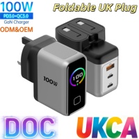 Charger Digital Lipat dengan Layar, Colokan UK 100W 65W PD 3.0 OVP untuk Ponsel, Tablet, Laptop, USB-C Type-C Pengisian Cepat