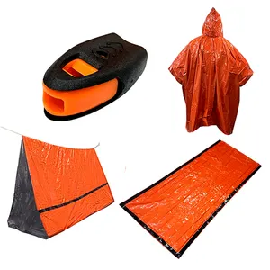 Camping Hiking Adventure Outdoor Emergency Survival PE Film Waterproof Tent Kit with Sleeping Bag Raincoat Whistle