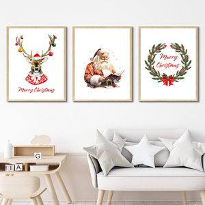 Peinture sur toile murale style moderne, motif rennes, traîneau, sapin de Noël, décorations de Noël, cadeaux, chaussettes imprimées, pour la décoration de la maison et du salon - Product Image 1