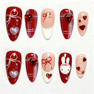 <span class=keywords><strong>Uñas</strong></span> Postizas Rojas de Alta Calidad para el Día de San Valentín, 10 Piezas, Forma de Almendra, Hechas a Mano con <span class=keywords><strong>Amor</strong></span> y Diseño de Lazo, Material Acrílico Reutilizable - Product Image 4