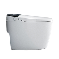WC intelligent moderne européen monobloc avec cuvette allongée, réservoir intégré, siphon en S, siège chauffant, télécommande, à poser au sol, en céramique