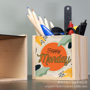 Solid Wood Cosmetic Brush Holder Square Custom Made With Printing Logo For <b>Makeup</b> Organizers - Product Image 2