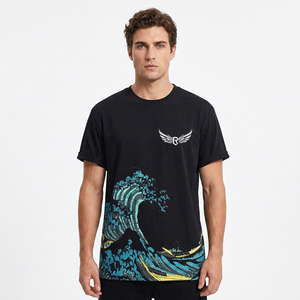 Men's Black <b>T</b>-<b>Shirt</b> With Great Wave Print Short Sleeve O-Neck Casual Jersey Cotton Regular Fit Breathable Design - Product Image 1
