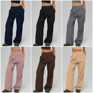 Pantalon large taille haute pour femme, coupe ample, longueur intégrale, couleur unie, décontracté, avec poches, taille élastique - Product Image 1