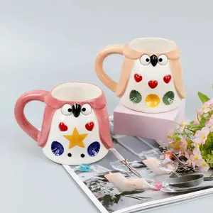 Nordic Style Handmade Ceramic Coffee cup Cartoon owl pattern pink color 3d Animal Ceramic Owl Mug