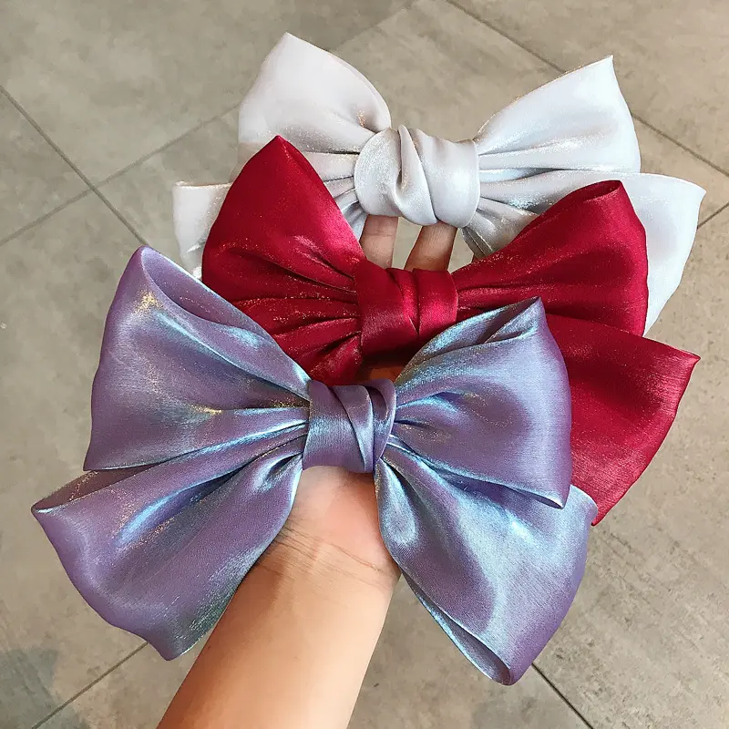 Fashion Big Satin Solid Ribbon French Barrette Hair Barrette Girls Satin Fabric Multi Color Hair Bow With Clip