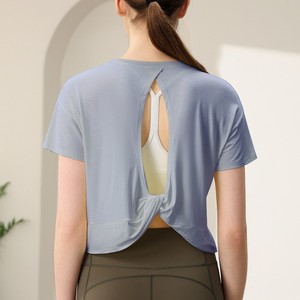 T-shirt de <span class=keywords><strong>sport</strong></span> Aoyema pour <span class=keywords><strong>femme</strong></span>, dos croisé, col rond, coupe ample, décontracté, pour la course et l'entraînement estival - Product Image 4