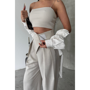 Pantalones Beige de Diseñador para Mujer, Casuales, de Pierna Ancha, Cintura Media, Formales de Oficina, con Rayas Decorativas, Color Suave, Talla XL, Corte Holgado para Verano - Product Image 5