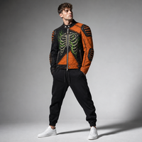 Blouson Moto Homme AW27 Asymétrique Color Block Imprimé Squelette Éclair Vert Gothique Streetwear Clous Métalliques Personnalisé OEM ODM