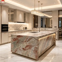 Grande dalle de marbre rose et vert moderne pour escalier intérieur, bar à domicile, table à manger, panneau mural de salon, plan de travail de cuisine