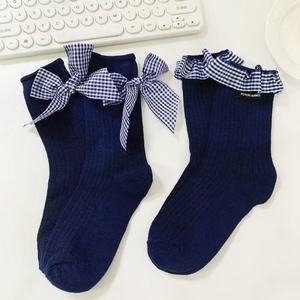Navy Blue Knee <b>Socks</b> With Plaid Bow Women's Breathable Sweat Absorbing Summer <b>Sock</b> Youth Size - Product Image 2