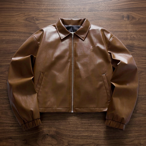 Men's <b>Brown</b> <b>Leather</b> Bomber <b>Jacket</b> Turn-down Collar Zipper Closure Casual Solid Color Autumn Wear Regular Sleeve - Product Image 5