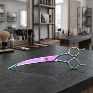Ciseaux de toilettage pour animaux de compagnie, lames légèrement courbées, revêtement multi-plasma coloré, coiffure professionnelle, manche long, pour droitiers - Product Image 1