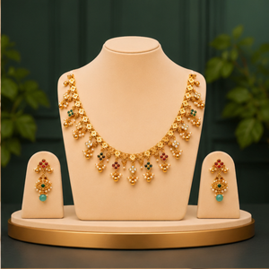 Conjunto Clásico de Collar y Aretes de Oro de 24K con Incrustaciones de Perlas y Piedras Preciosas para Mujer, Joyería de Boda - Product Image 3