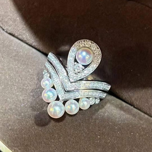 S925 <b>Silver</b> Aurora Freshwater Pearl Stackable <b>Ring</b>, 3-5mm Flawless Round Natural Pearl Paved Crystal V Shape <b>Stacking</b> <b>Ring</b> - Product Image 4