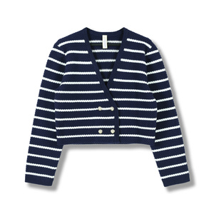 <span class=keywords><strong>Pull</strong></span> en jacquard à col en V à manches longues pour femmes, automne-hiver 2025, OEM et ODM personnalisés, couleur contrastée, <span class=keywords><strong>rayé</strong></span>, cardigan en tricot avec boutons - Product Image 2