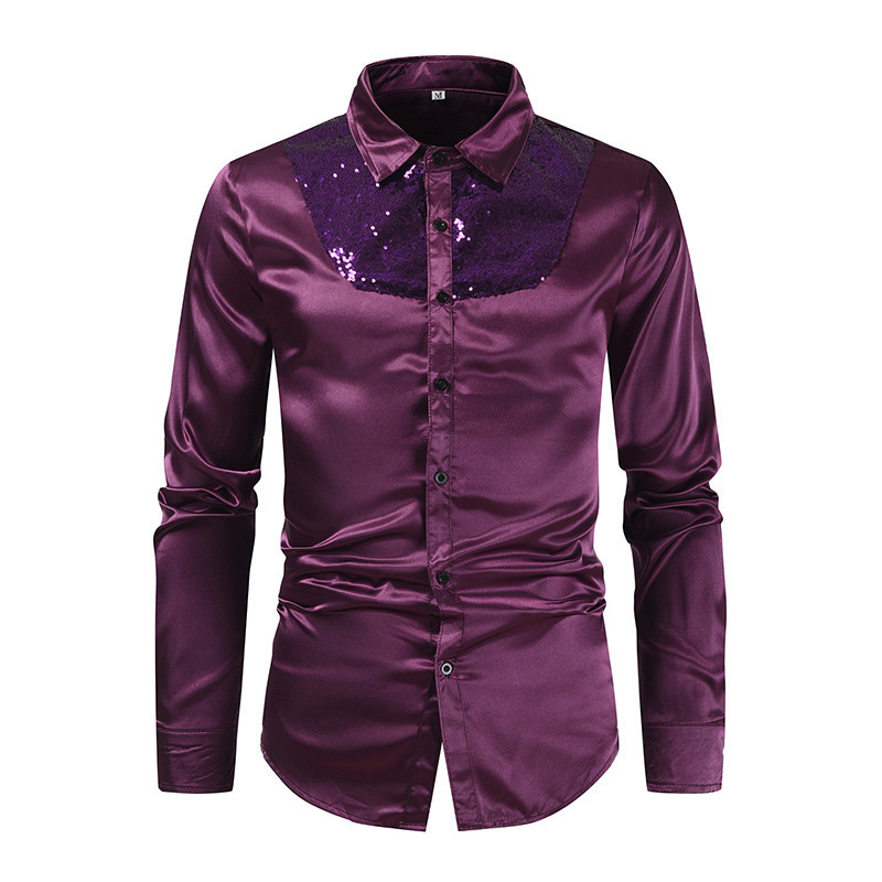 open lace back dress Men's Silk Dress Shirt Luxury Casual Party Silk Shirts Purple / L