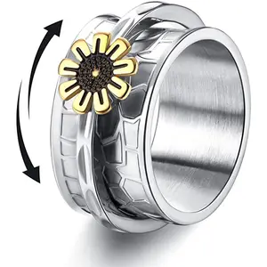แหวนหมุนใส่เล่นวิตกกังวลของผู้ชาย,แหวนปั่นนิ้วสเตนเลสไทเทเนียมดอกเดซีพังก์ร็อกแกะสลักสำหรับผู้หญิง