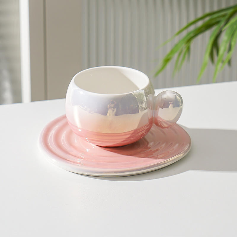 Gradient pink milk ring coffee cup and saucer