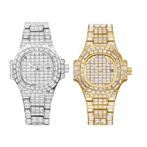 PINTIME 008 <span class=keywords><strong>Montre</strong></span> de luxe à quartz pour homme, style hip-hop, étanche au quotidien, personnalisée avec strass, bracelet en acier inoxydable - Product Image 3