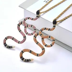 Collier en laiton en forme de serpent avec diamants et zircone en or blanc, bijoux Hiphop pour hommes