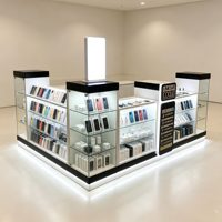Kiosque personnalisé pour accessoires de téléphonie mobile avec éclairage LED, vitrine en verre, comptoir îlot noir et blanc