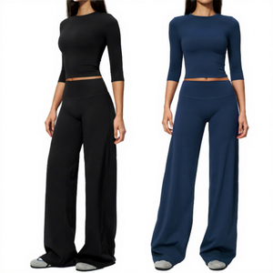 Ensemble de yoga 2 pièces : haut court à manches 3/4 et pantalon large taille haute, ensemble de vêtements de sport uni - Product Image 1