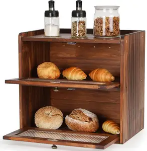 Bread Box For Kitchen Countertop Wooden Bread Storage Container Bin 2 Layer Breadbox Holder