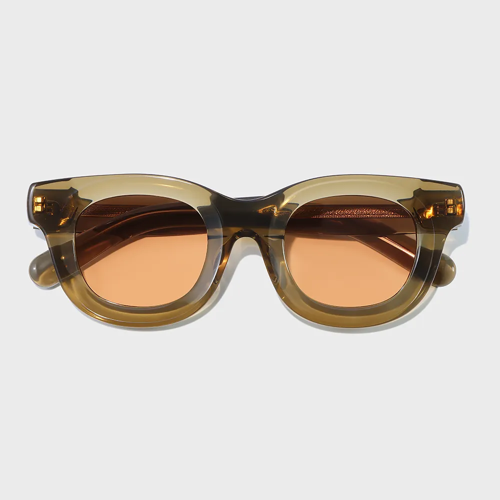 Yeetian Acetate Eyewear Rhuded Bevel Design Olive Green Custom Sunglasses Logo Round Thick Frame Sunglasses
