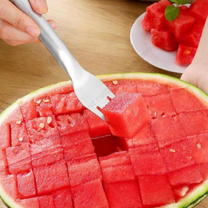 Fourchette à pastèque 2-en-1 S343 en acier inoxydable à double tête, pour couper et servir les fruits, vente en gros - Product Image 1