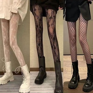 White Floral Vine Stockings Thin Hollowed Out Fishnet Sexy Black Pantyhose Trendy Jk Style Women's Sheer Tights Four Seasons - Product Image 1