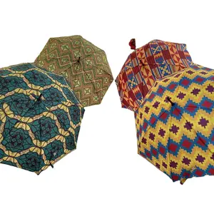 Custom Design African Umbrella Windproof Ankara Print Umbrellas Kente Printing Sun Umbrella with Wood Handle