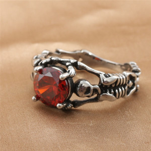 Anillo de Plata con Diseño de Esqueleto y Piedra Roja, Joyería Punk para Hombre, Regalo 212004 - Product Image 4