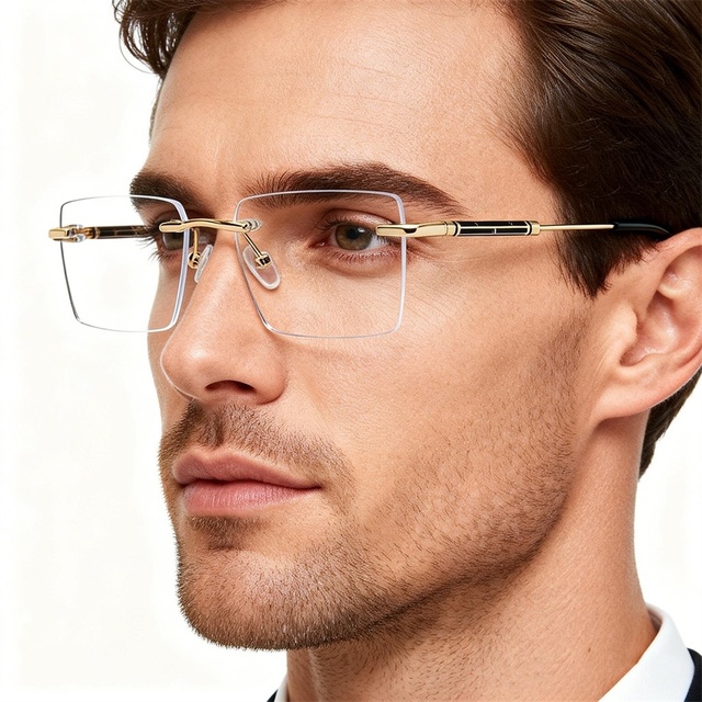Luxury Men Rimless Eyewear Alloy Armacao De Oculos Blue Light Blocking Rectangle Polygon Black Silver Computer Decoration Adults