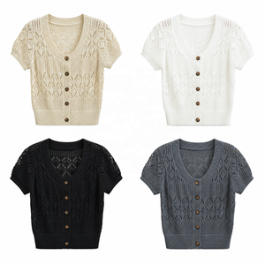 Cardigan a Costine con Bottoni e Collo Tondo, Manica Corta, Vestibilità Aderente, Maglione da Donna per l'Estate - Product Image 2